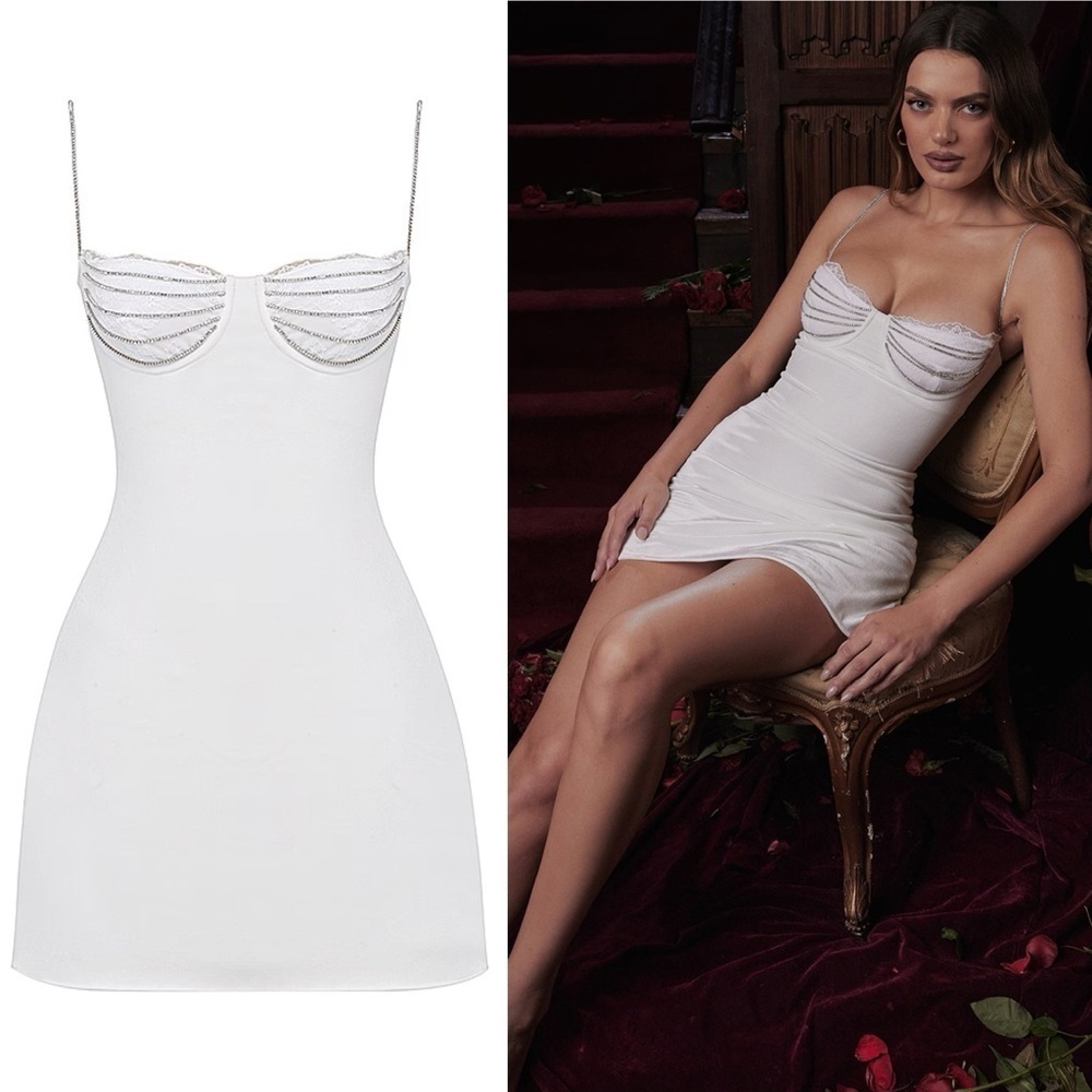 House Of Cb- Grace- Ivory Crystallised Mini Dress Size Medium Off White